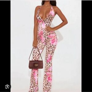 Fashion Nova Leopard and Pink Floral Jumpsuit